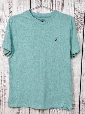 Nautica Boys XL 18/20 Teal Heather V Neck Tee Coastal Preppy Beachy Casual Shirt